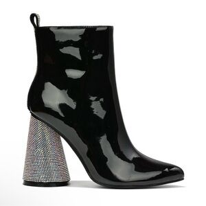 Patent Black Rhinestone Ankle Boots - Crystal Multi Color Embellished Round Heel
